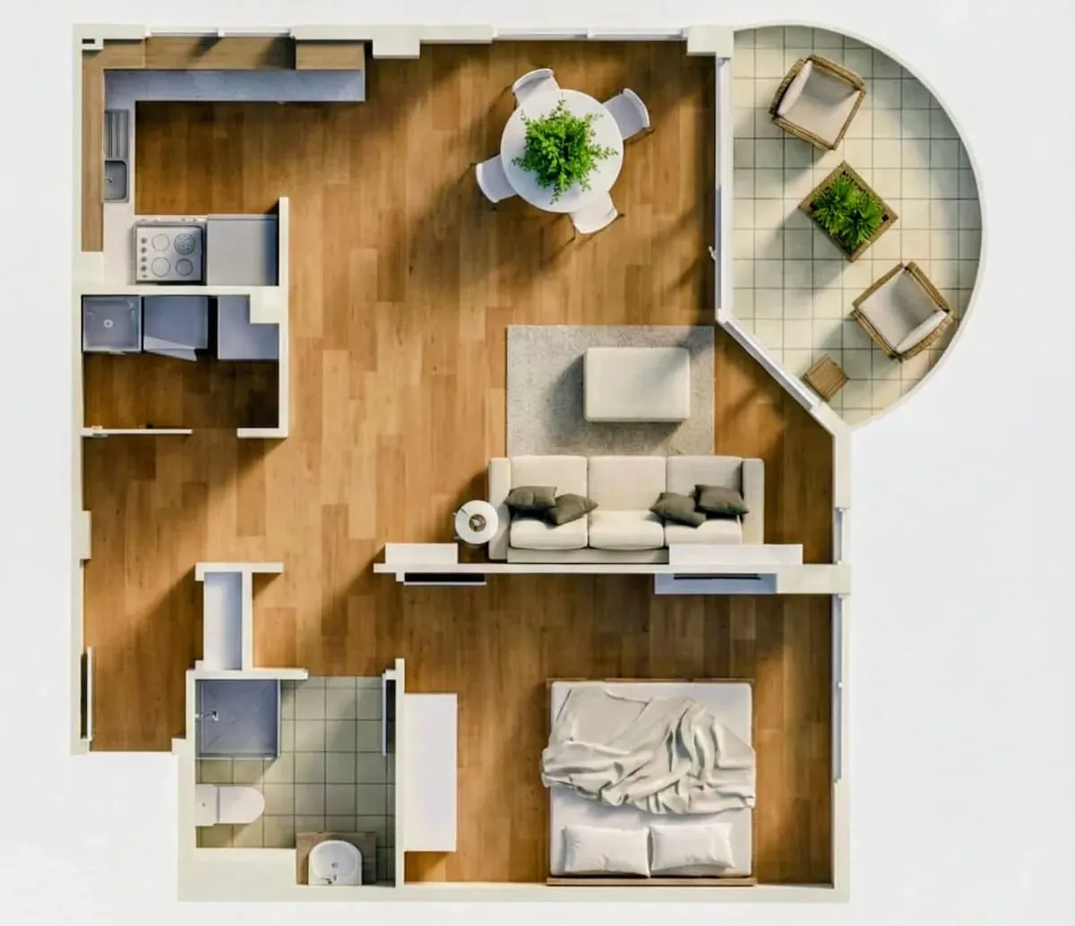 Floor plan of the apartment showing the living area, kitchen, bedroom, bathroom and curved balcony