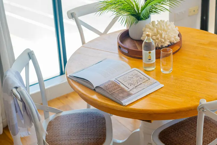 The dining table, set for two