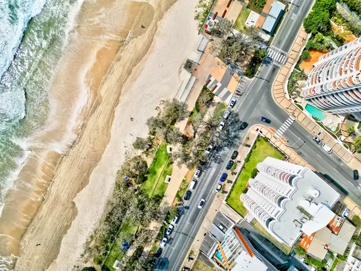 Surfers Paradise from above: the beach, the foreshore and The Esplanade